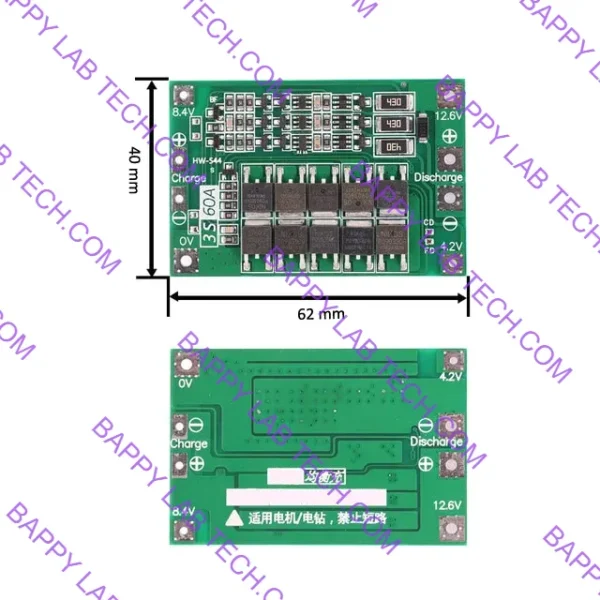 3S 60A Lithium Battery Protection Board BMS 12.6V with Balance Charging